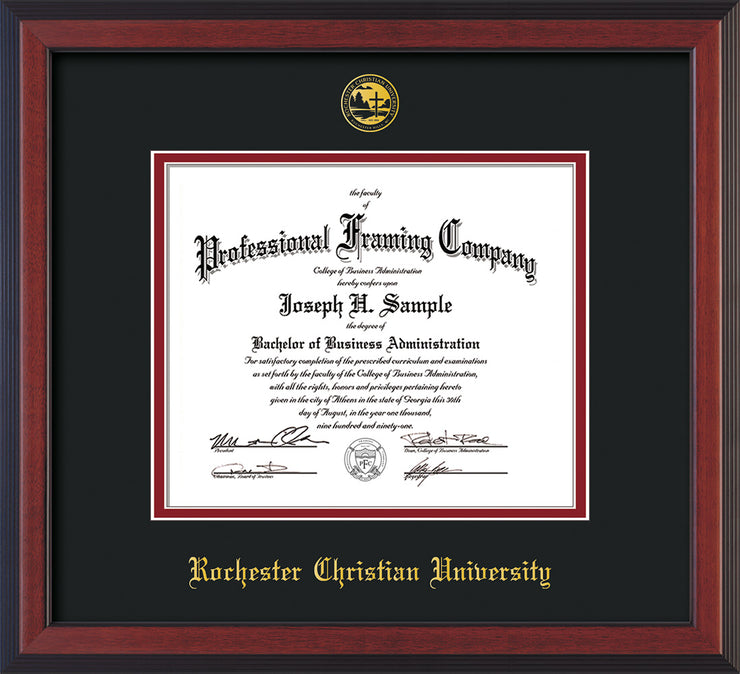 Image of Rochester Christian University Diploma Frame - Cherry Reverse - w/Embossed Rochester Christian Seal and Name - Black on Crimson mat