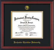 Image of Rochester Christian University Diploma Frame - Cherry Reverse - w/Embossed Rochester Christian Seal and Name - Black on Gold mat