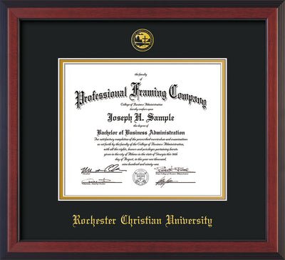 Image of Rochester Christian University Diploma Frame - Cherry Reverse - w/Embossed Rochester Christian Seal and Name - Black on Gold mat