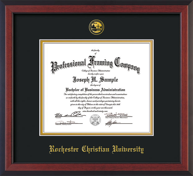 Image of Rochester Christian University Diploma Frame - Cherry Reverse - w/Embossed Rochester Christian Seal and Name - Black on Gold mat