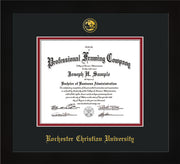 Image of Rochester Christian University Diploma Frame - Flat Matte Black - w/Embossed Rochester Christian Seal and Name - Black on Crimson mat