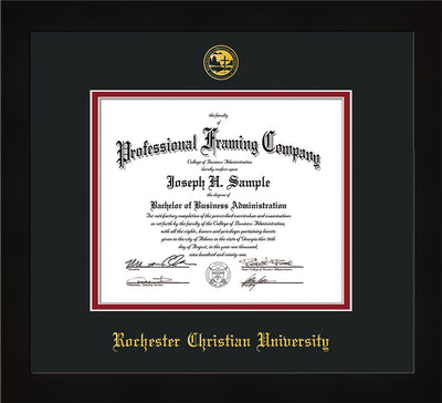 Image of Rochester Christian University Diploma Frame - Flat Matte Black - w/Embossed Rochester Christian Seal and Name - Black on Crimson mat