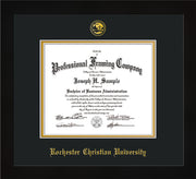 Image of Rochester Christian University Diploma Frame - Flat Matte Black - w/Embossed Rochester Christian Seal and Name - Black on Gold mat