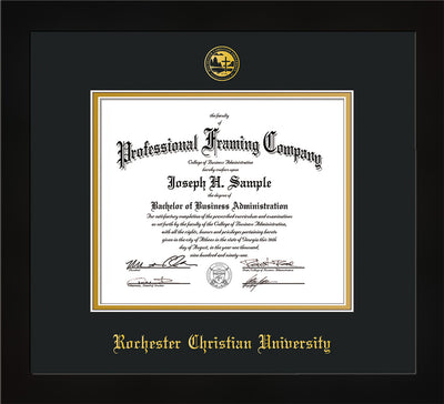 Image of Rochester Christian University Diploma Frame - Flat Matte Black - w/Embossed Rochester Christian Seal and Name - Black on Gold mat