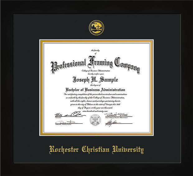 Image of Rochester Christian University Diploma Frame - Flat Matte Black - w/Embossed Rochester Christian Seal and Name - Black on Gold mat