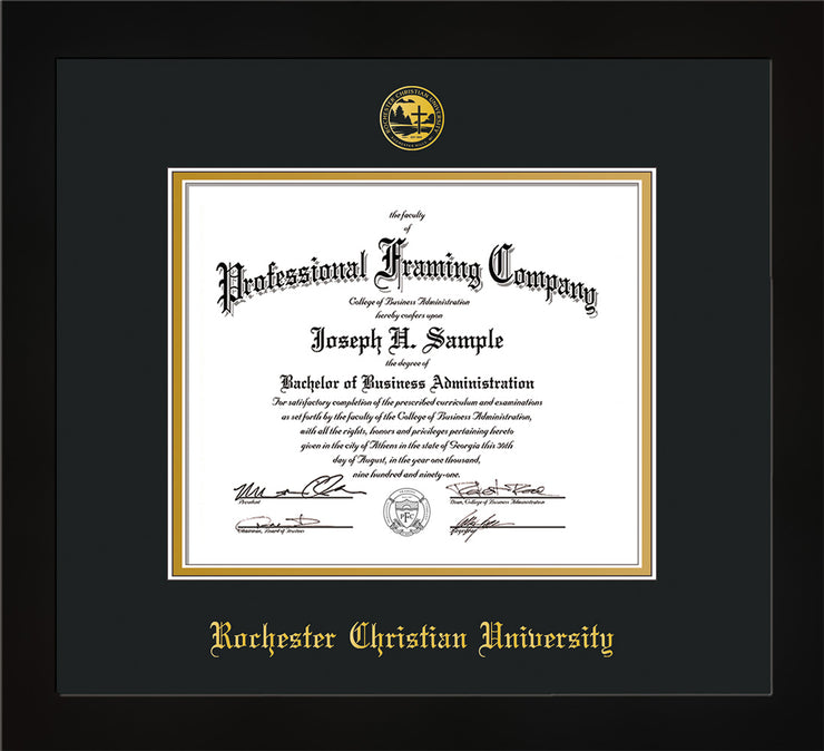 Image of Rochester Christian University Diploma Frame - Flat Matte Black - w/Embossed Rochester Christian Seal and Name - Black on Gold mat