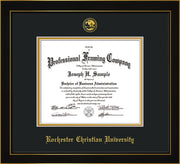 Image of Rochester Christian University Diploma Frame - Honors Black Satin - w/Embossed Rochester Christian Seal and Name - Black on Gold mat