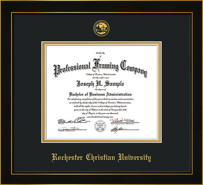 Image of Rochester Christian University Diploma Frame - Honors Black Satin - w/Embossed Rochester Christian Seal and Name - Black on Gold mat
