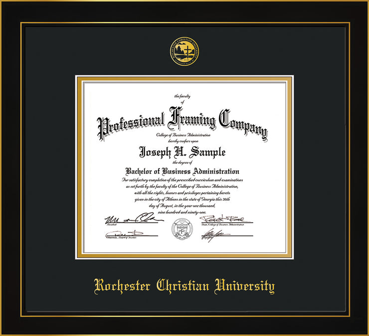 Image of Rochester Christian University Diploma Frame - Honors Black Satin - w/Embossed Rochester Christian Seal and Name - Black on Gold mat