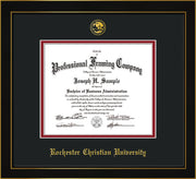 Image of Rochester Christian University Diploma Frame - Honors Black Satin - w/Embossed Rochester Christian Seal and Name - Black on Crimson mat
