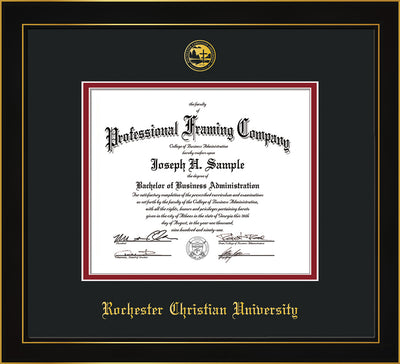 Image of Rochester Christian University Diploma Frame - Honors Black Satin - w/Embossed Rochester Christian Seal and Name - Black on Crimson mat