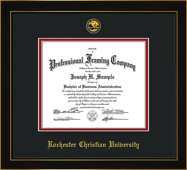 Image of Rochester Christian University Diploma Frame - Honors Black Satin - w/Embossed Rochester Christian Seal and Name - Black on Crimson mat