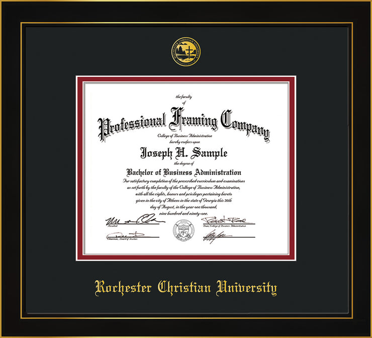 Image of Rochester Christian University Diploma Frame - Honors Black Satin - w/Embossed Rochester Christian Seal and Name - Black on Crimson mat