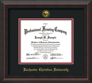 Image of Rochester Christian University Diploma Frame - Mahogany Braid - w/Embossed Rochester Christian Seal and Name - Black on Crimson mat