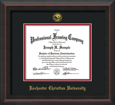 Image of Rochester Christian University Diploma Frame - Mahogany Braid - w/Embossed Rochester Christian Seal and Name - Black on Crimson mat