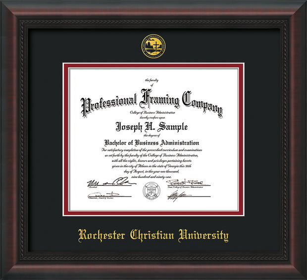 Image of Rochester Christian University Diploma Frame - Mahogany Braid - w/Embossed Rochester Christian Seal and Name - Black on Crimson mat