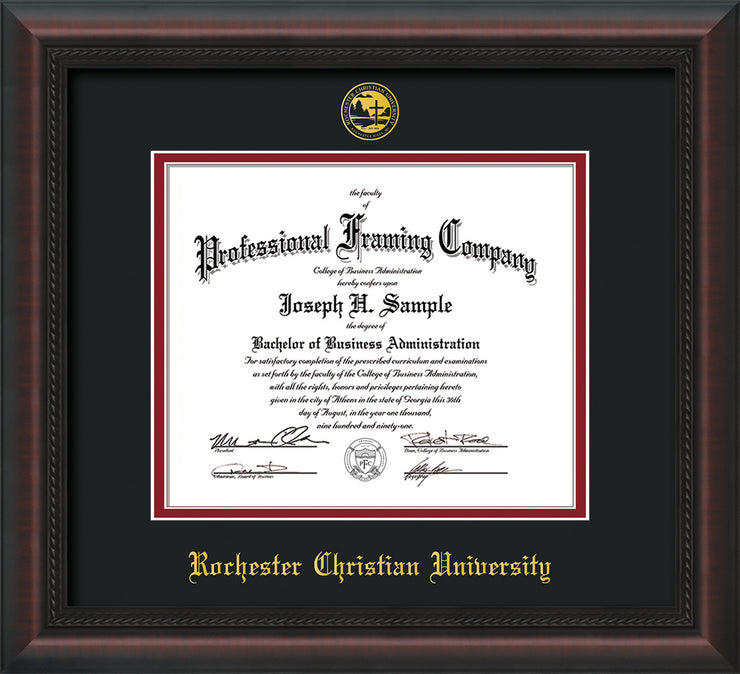 Image of Rochester Christian University Diploma Frame - Mahogany Braid - w/Embossed Rochester Christian Seal and Name - Black on Crimson mat