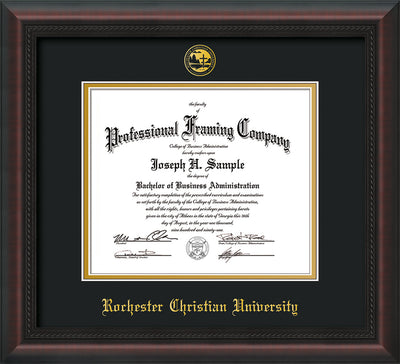 Image of Rochester Christian University Diploma Frame - Mahogany Braid - w/Embossed Rochester Christian Seal and Name - Black on Gold mat