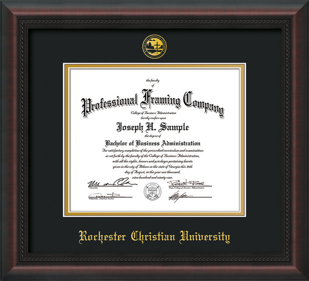 Image of Rochester Christian University Diploma Frame - Mahogany Braid - w/Embossed Rochester Christian Seal and Name - Black on Gold mat