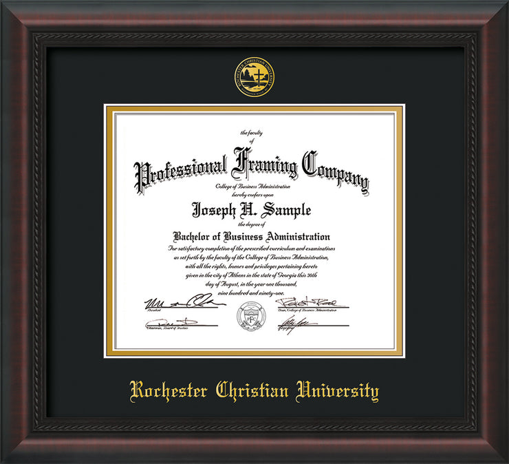 Image of Rochester Christian University Diploma Frame - Mahogany Braid - w/Embossed Rochester Christian Seal and Name - Black on Gold mat