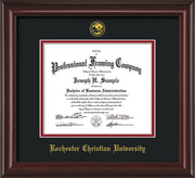 Image of Rochester Christian University Diploma Frame - Mahogany Lacquer - w/Embossed Rochester Christian Seal and Name - Black on Crimson mat
