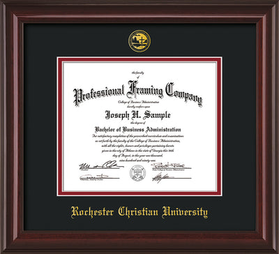 Image of Rochester Christian University Diploma Frame - Mahogany Lacquer - w/Embossed Rochester Christian Seal and Name - Black on Crimson mat