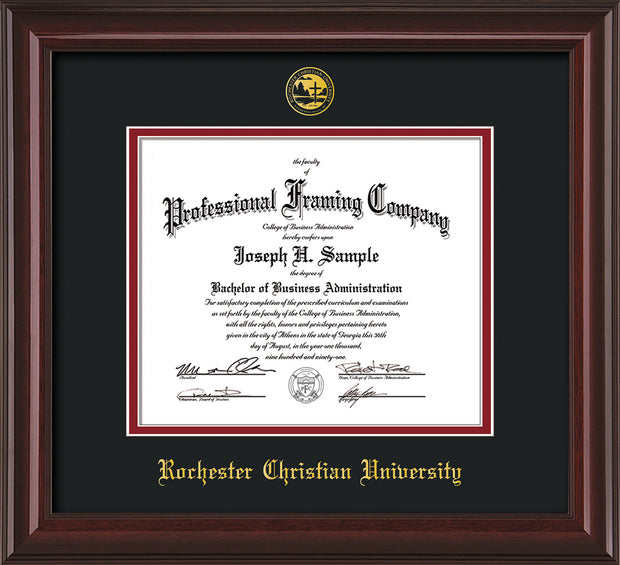 Image of Rochester Christian University Diploma Frame - Mahogany Lacquer - w/Embossed Rochester Christian Seal and Name - Black on Crimson mat