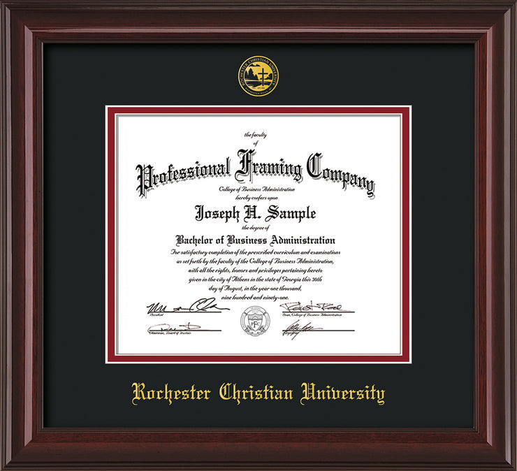 Image of Rochester Christian University Diploma Frame - Mahogany Lacquer - w/Embossed Rochester Christian Seal and Name - Black on Crimson mat