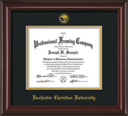 Image of Rochester Christian University Diploma Frame - Mahogany Lacquer - w/Embossed Rochester Christian Seal and Name - Black on Gold mat
