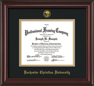 Image of Rochester Christian University Diploma Frame - Mahogany Lacquer - w/Embossed Rochester Christian Seal and Name - Black on Gold mat