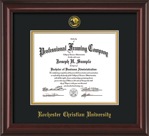 Image of Rochester Christian University Diploma Frame - Mahogany Lacquer - w/Embossed Rochester Christian Seal and Name - Black on Gold mat