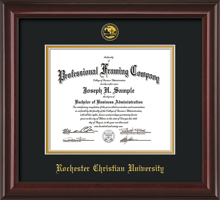 Image of Rochester Christian University Diploma Frame - Mahogany Lacquer - w/Embossed Rochester Christian Seal and Name - Black on Gold mat