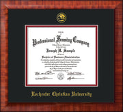 Image of Rochester Christian University Diploma Frame - Mezzo Gloss - w/Embossed Rochester Christian Seal and Name - Black on Crimson mat
