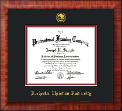 Image of Rochester Christian University Diploma Frame - Mezzo Gloss - w/Embossed Rochester Christian Seal and Name - Black on Crimson mat