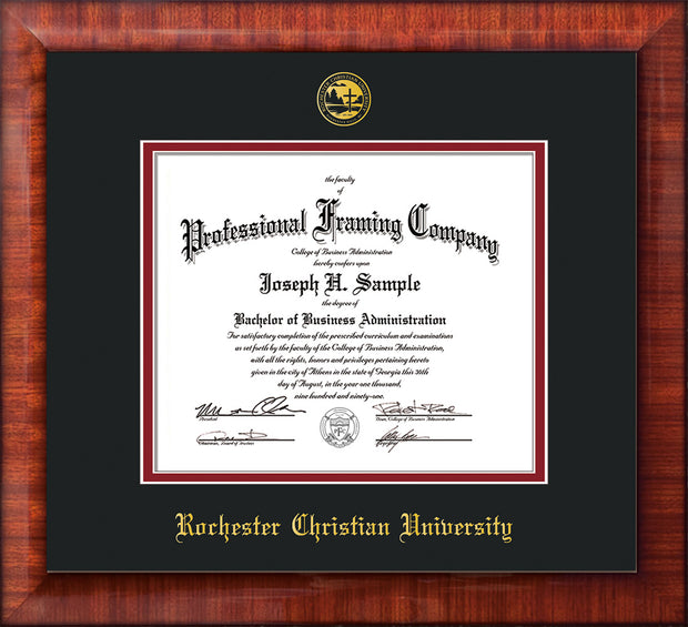 Image of Rochester Christian University Diploma Frame - Mezzo Gloss - w/Embossed Rochester Christian Seal and Name - Black on Crimson mat