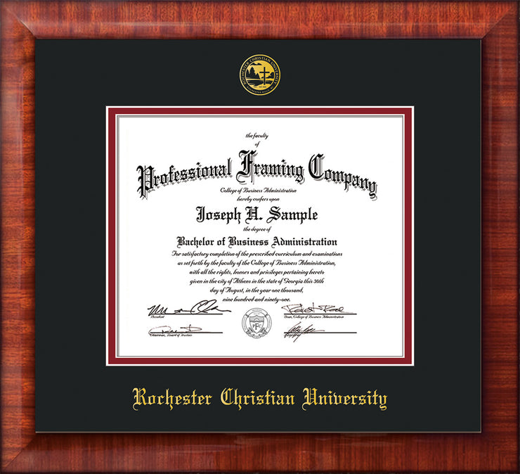 Image of Rochester Christian University Diploma Frame - Mezzo Gloss - w/Embossed Rochester Christian Seal and Name - Black on Crimson mat