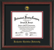 Image of Rochester Christian University Diploma Frame - Rosewood - w/Embossed Rochester Christian Seal and Name - Black on Crimson mat