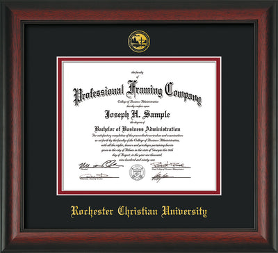 Image of Rochester Christian University Diploma Frame - Rosewood - w/Embossed Rochester Christian Seal and Name - Black on Crimson mat