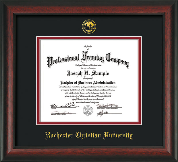 Image of Rochester Christian University Diploma Frame - Rosewood - w/Embossed Rochester Christian Seal and Name - Black on Crimson mat