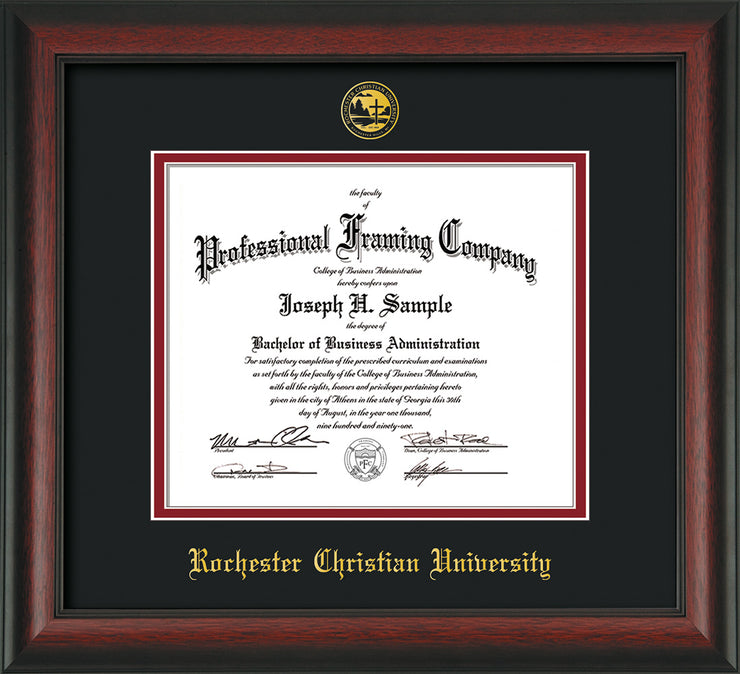 Image of Rochester Christian University Diploma Frame - Rosewood - w/Embossed Rochester Christian Seal and Name - Black on Crimson mat