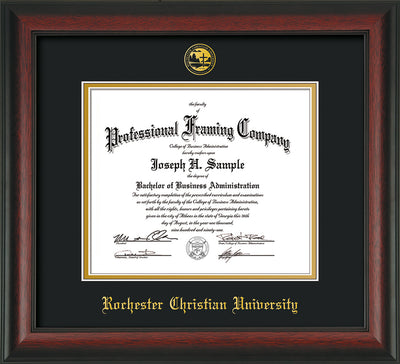 Image of Rochester Christian University Diploma Frame - Rosewood - w/Embossed Rochester Christian Seal and Name - Black on Gold mat