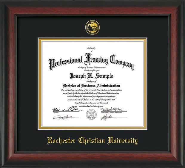 Image of Rochester Christian University Diploma Frame - Rosewood - w/Embossed Rochester Christian Seal and Name - Black on Gold mat