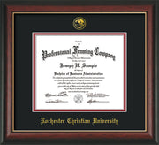 Image of Rochester Christian University Diploma Frame - Rosewood with Gold Lip - w/Embossed Rochester Christian Seal and Name - Black on Crimson mat
