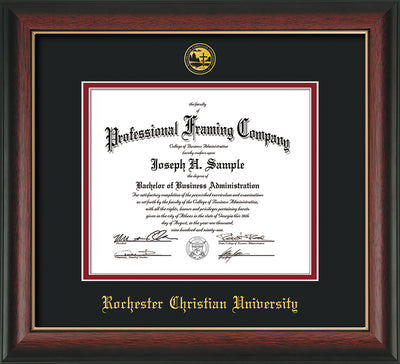 Image of Rochester Christian University Diploma Frame - Rosewood with Gold Lip - w/Embossed Rochester Christian Seal and Name - Black on Crimson mat