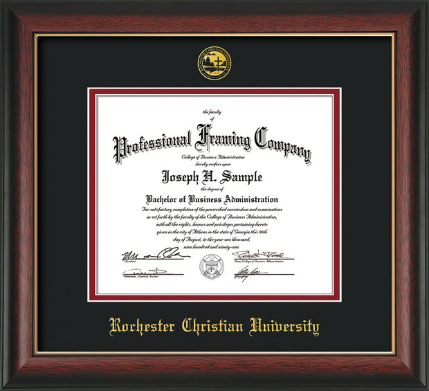Image of Rochester Christian University Diploma Frame - Rosewood with Gold Lip - w/Embossed Rochester Christian Seal and Name - Black on Crimson mat