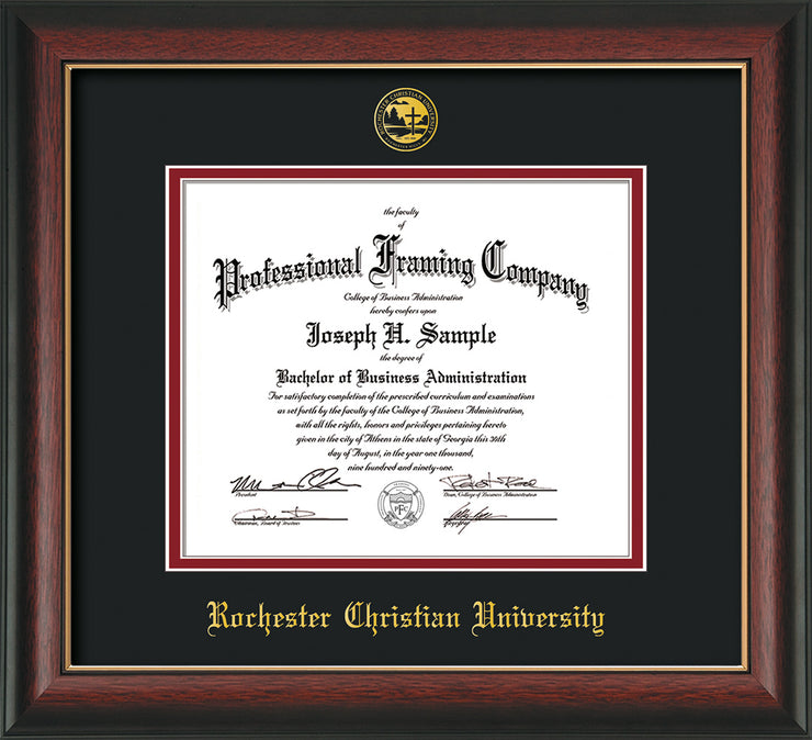 Image of Rochester Christian University Diploma Frame - Rosewood with Gold Lip - w/Embossed Rochester Christian Seal and Name - Black on Crimson mat