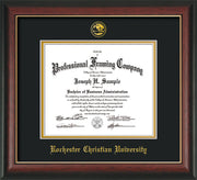 Image of Rochester Christian University Diploma Frame - Rosewood with Gold Lip - w/Embossed Rochester Christian Seal and Name - Black on Gold mat