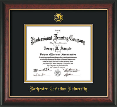 Image of Rochester Christian University Diploma Frame - Rosewood with Gold Lip - w/Embossed Rochester Christian Seal and Name - Black on Gold mat