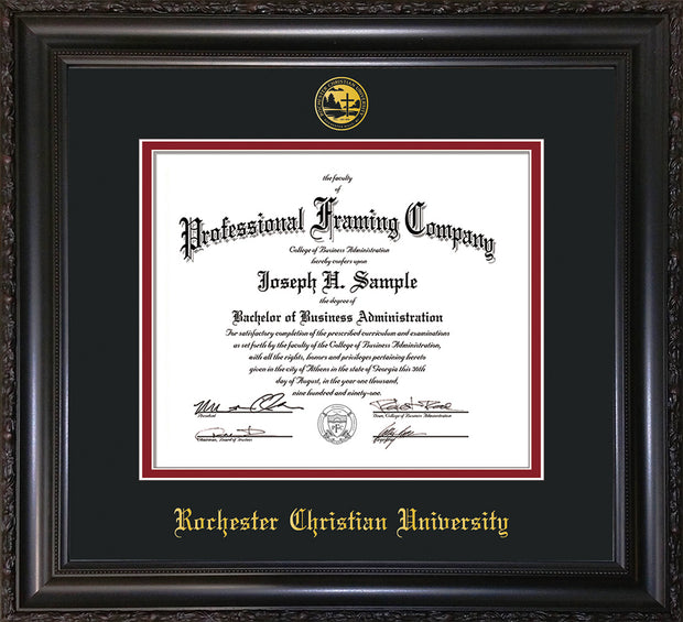 Image of Rochester Christian University Diploma Frame - Vintage Black Scoop - w/Embossed Rochester Christian Seal and Name - Black on Crimson mat