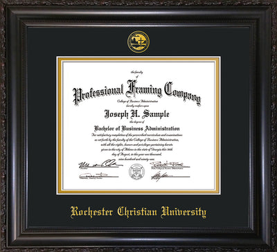 Image of Rochester Christian University Diploma Frame - Vintage Black Scoop - w/Embossed Rochester Christian Seal and Name - Black on Gold mat